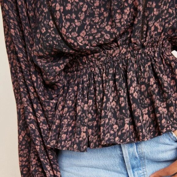 Anthropologie Nichola Peplum Blouse-Black Pink Dark Floral Whimsy Boho Fairy- XS - Picture 3 of 13